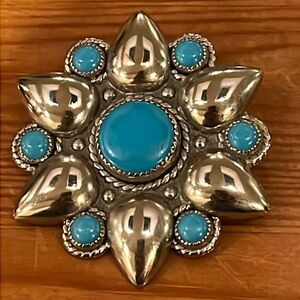 Vintage BELL Trading Post Nickel Silver faux Turquoise Flower Pendant 2” Native